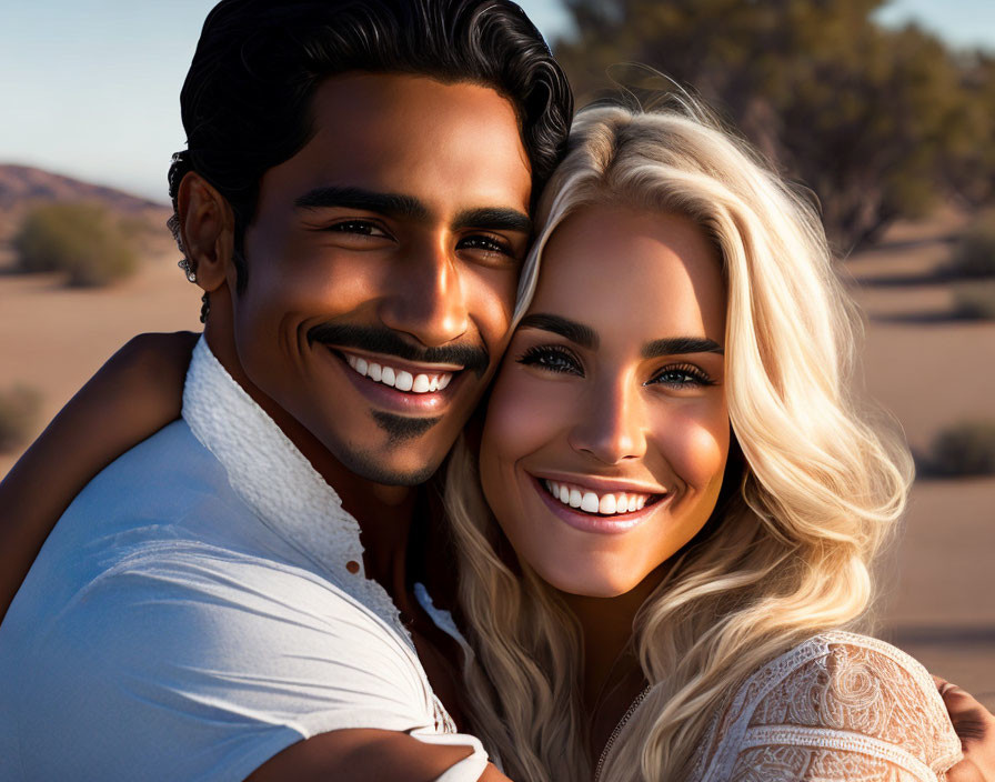 Smiling couple in desert embrace with man in white shirt & woman with blonde hair