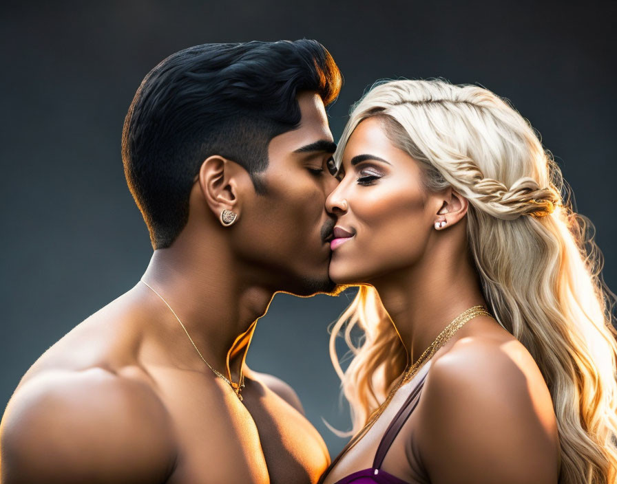 brown skin Mexican man kissing blonde woman