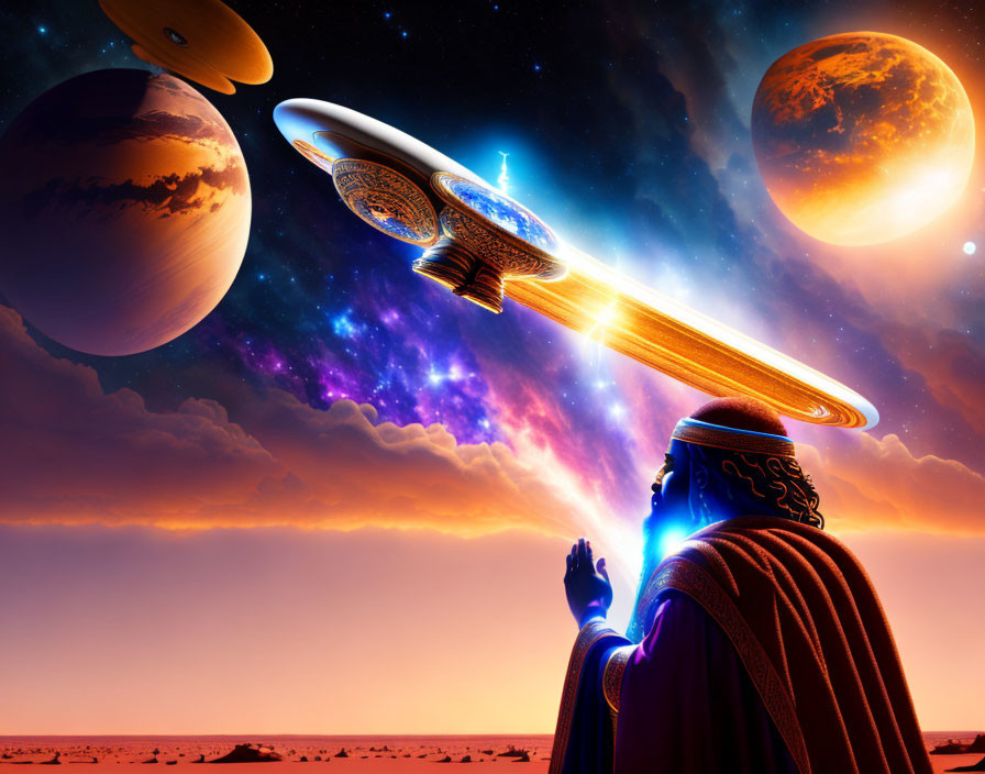 Robed Figure Observing Spaceship in Warp Speed Among Colorful Planets