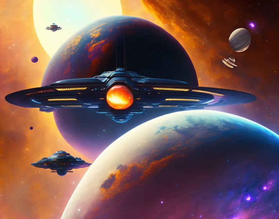 Colorful Spaceships Orbiting Large Planets in Sci-Fi Scene