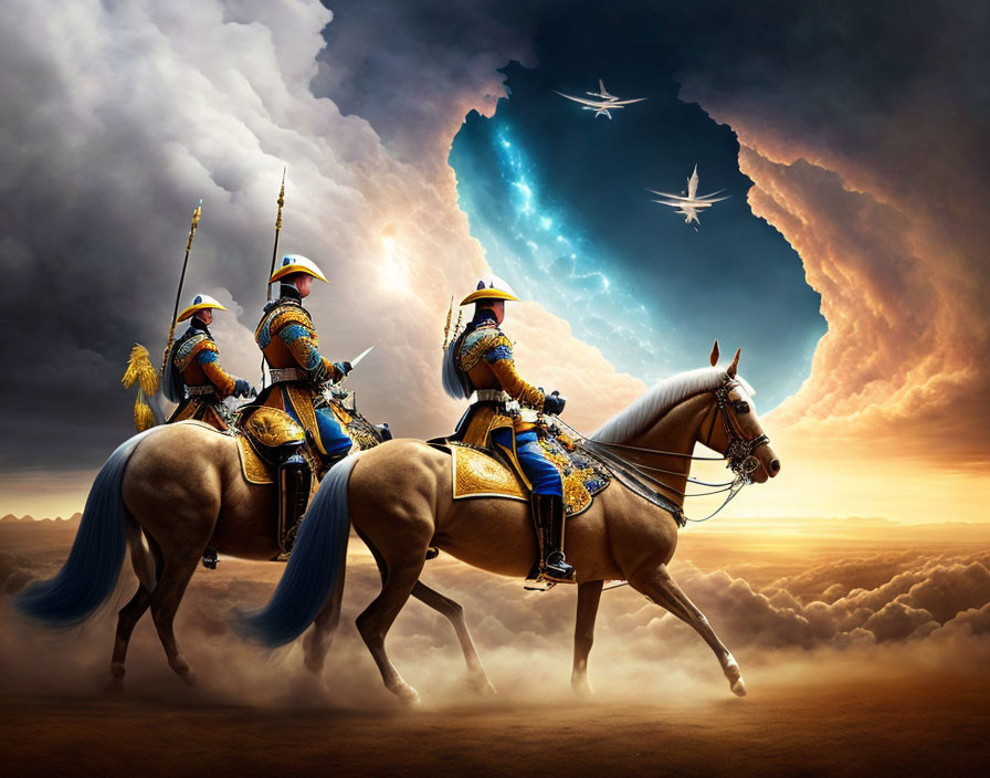 Three medieval knights on horses under dramatic sky with celestial lights