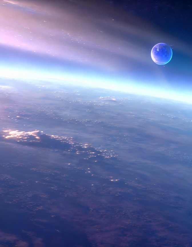 Earth's Surface Viewed from Space with Glowing Planet and Stars