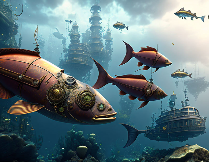 Mechanical Fish in Steampunk Underwater City With Futuristic Towers