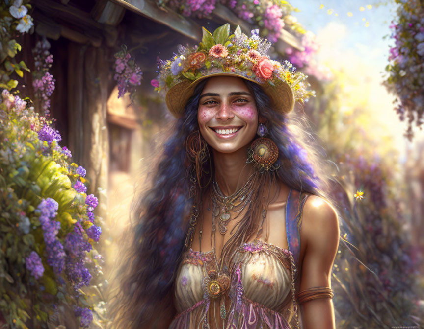 Woman with flower-adorned hat and blue hair in front of rustic house.