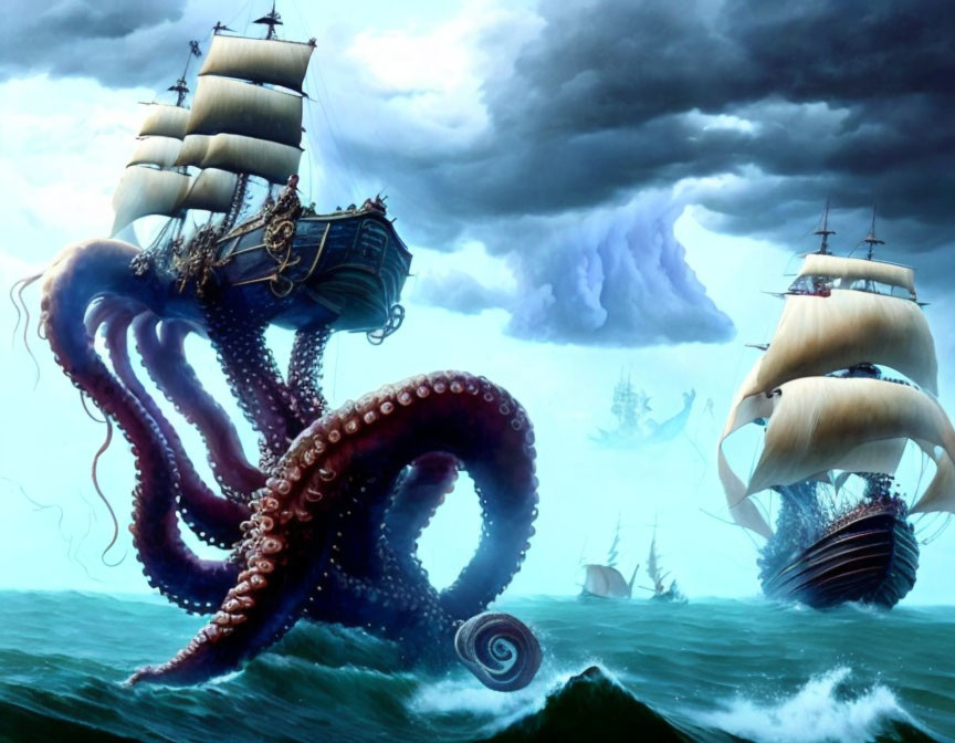 Giant Octopus Attacks Ships in Stormy Sea
