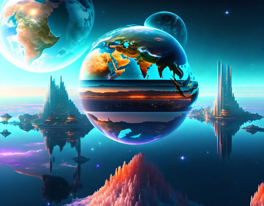 Multiple Earths and fantastical structures in vibrant sci-fi landscape