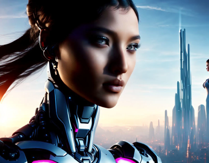 Glowing female humanoid robot in futuristic cityscape at sunrise or sunset