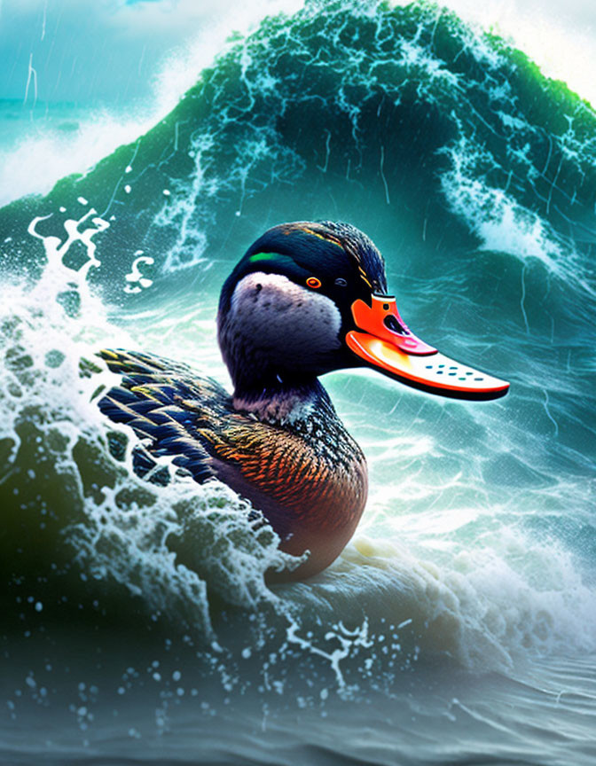 Colorful Duck Surfing Artwork with Stylized Surfboard Beak