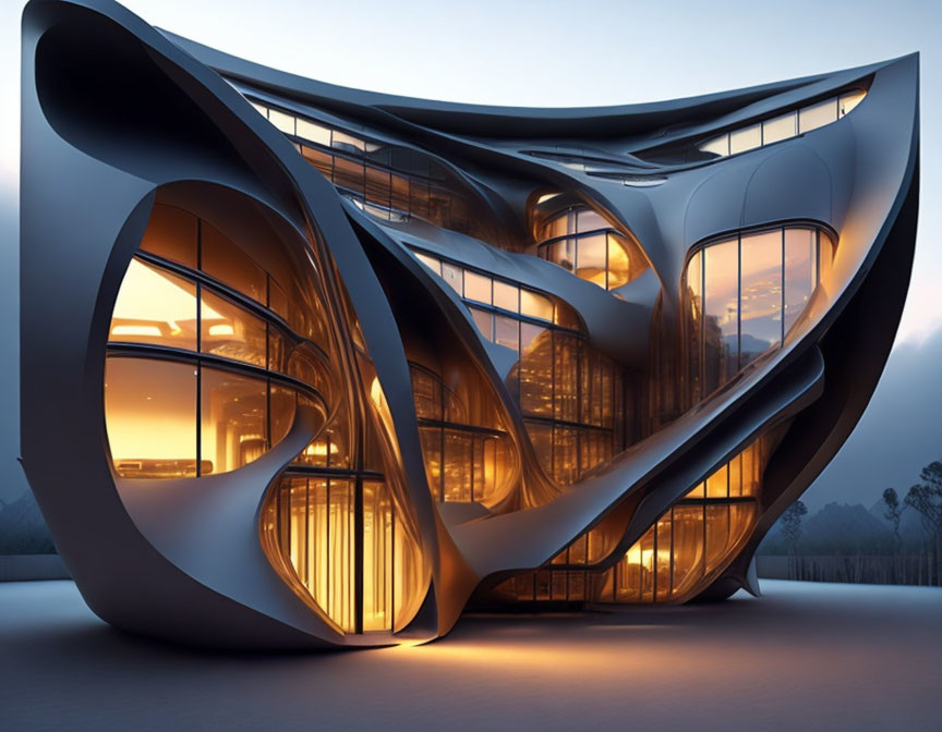 Modern futuristic building with organic design, glass windows, and warm lighting at twilight