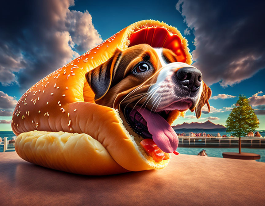 Whimsical dog head in hot dog bun against lake sunset