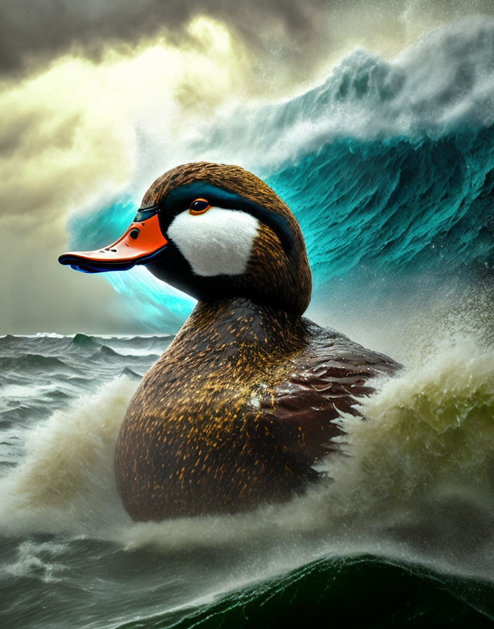 Duck floating in turbulent ocean waves under sunlight and storm clouds