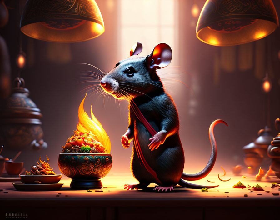 Anthropomorphic mouse near flaming food under glowing lanterns