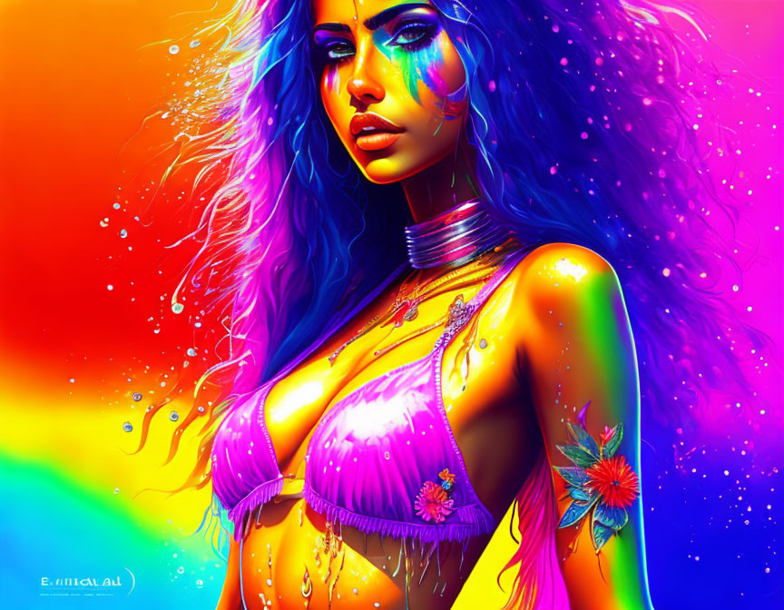 Colorful digital artwork of woman with blue skin and multicolored hair against rainbow backdrop.