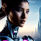 Glowing female humanoid robot in futuristic cityscape at sunrise or sunset