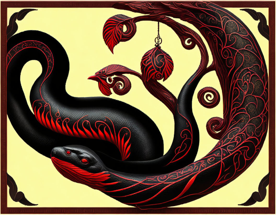 Detailed black and red snake illustration with gold accents on cream background.