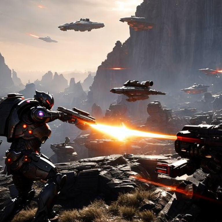Futuristic armored soldier fires beam weapon in rocky landscape
