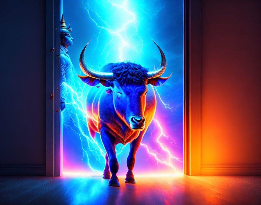 Vibrant glowing bull with blue and orange lighting before open door