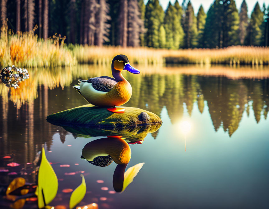 Colorful Rubber Duck on Calm Lake with Trees Reflecting in Sunlit Water