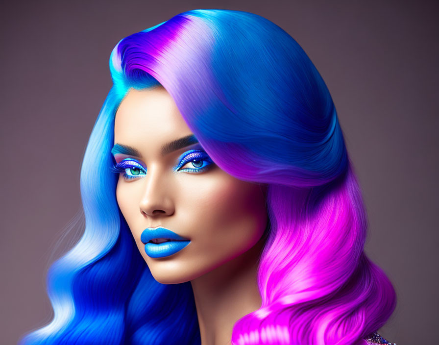 Woman with Vibrant Blue and Pink Hair and Eyes on Neutral Background