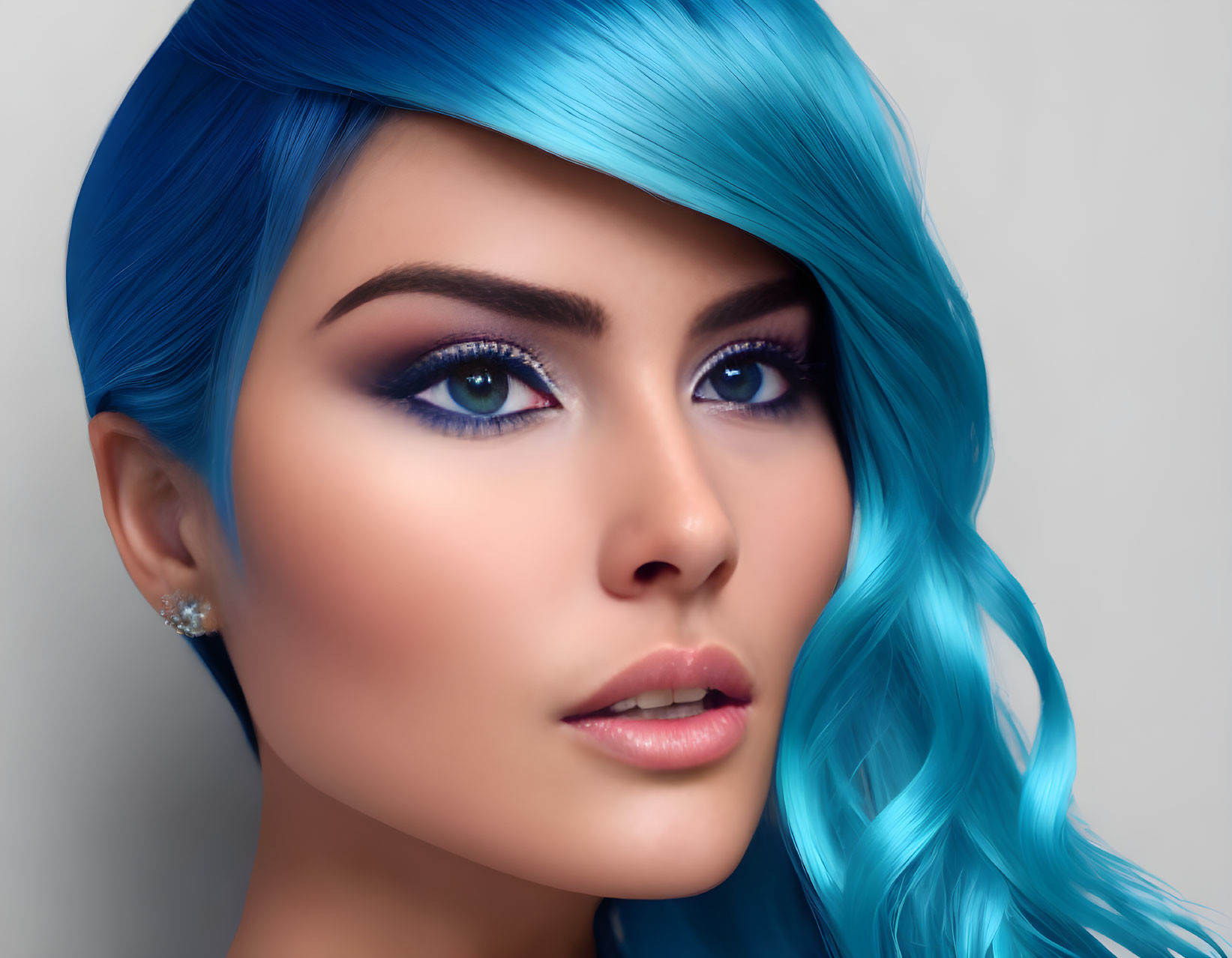Portrait of a person with vibrant blue hair and eyes on neutral background