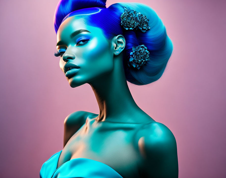Stylized side-profile of woman with blue hair and makeup on pink background