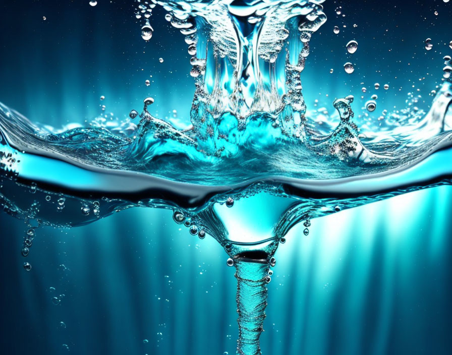 Dynamic Water Swirl with Droplets on Blue Background