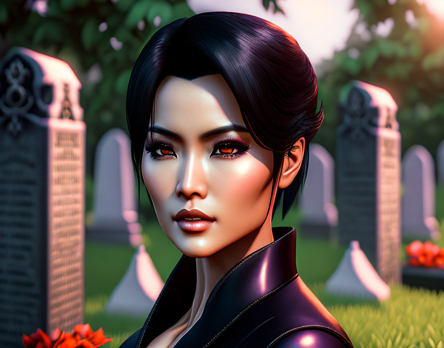 Digital art portrait of woman with black hair, makeup, leather outfit, in cemetery setting