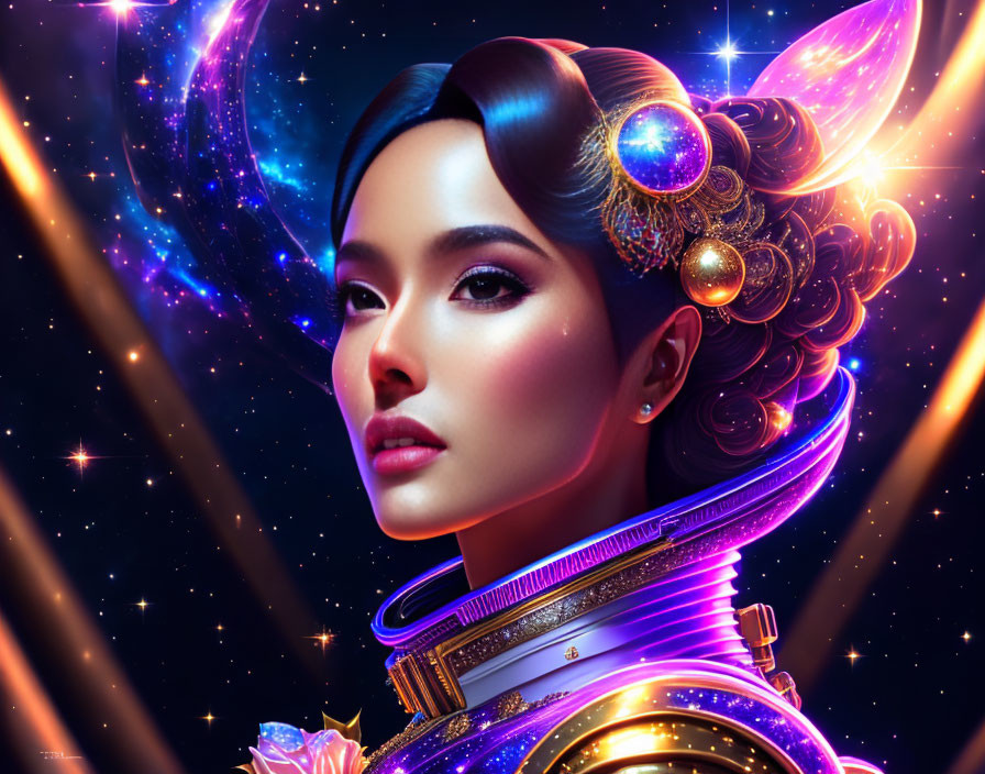 Futuristic woman digital art with ornate accessories on cosmic backdrop
