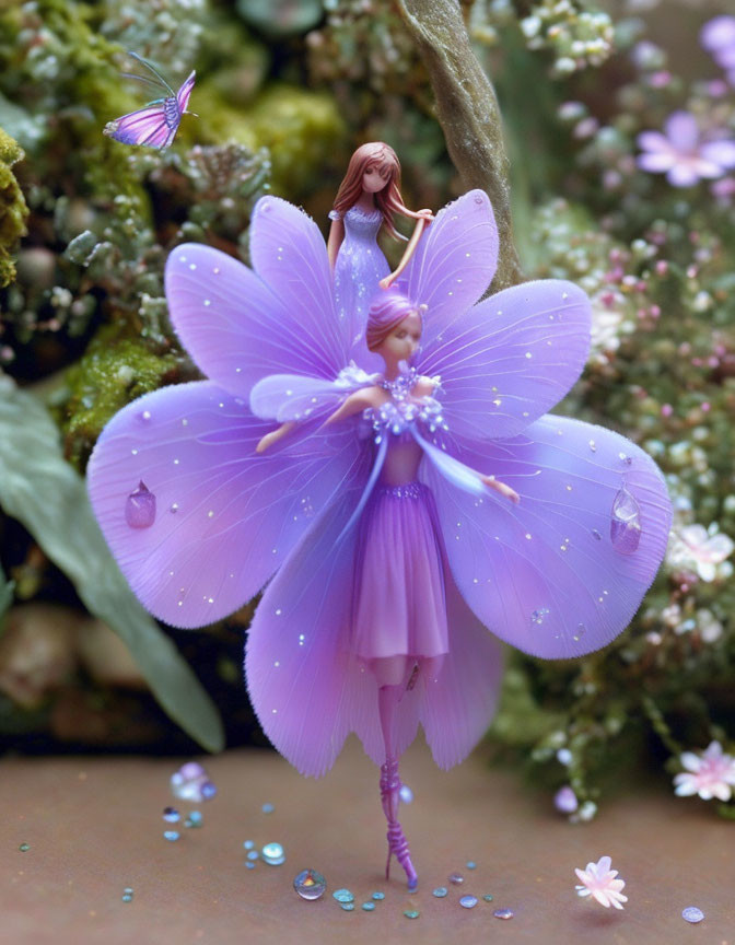 Whimsical fairy with purple wings and butterfly in flower-filled scene