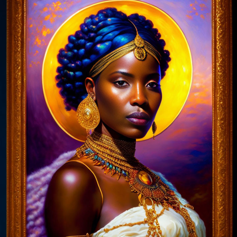 Portrait of Woman with Blue Headwrap and Gold Jewelry in Ornate Golden Frame
