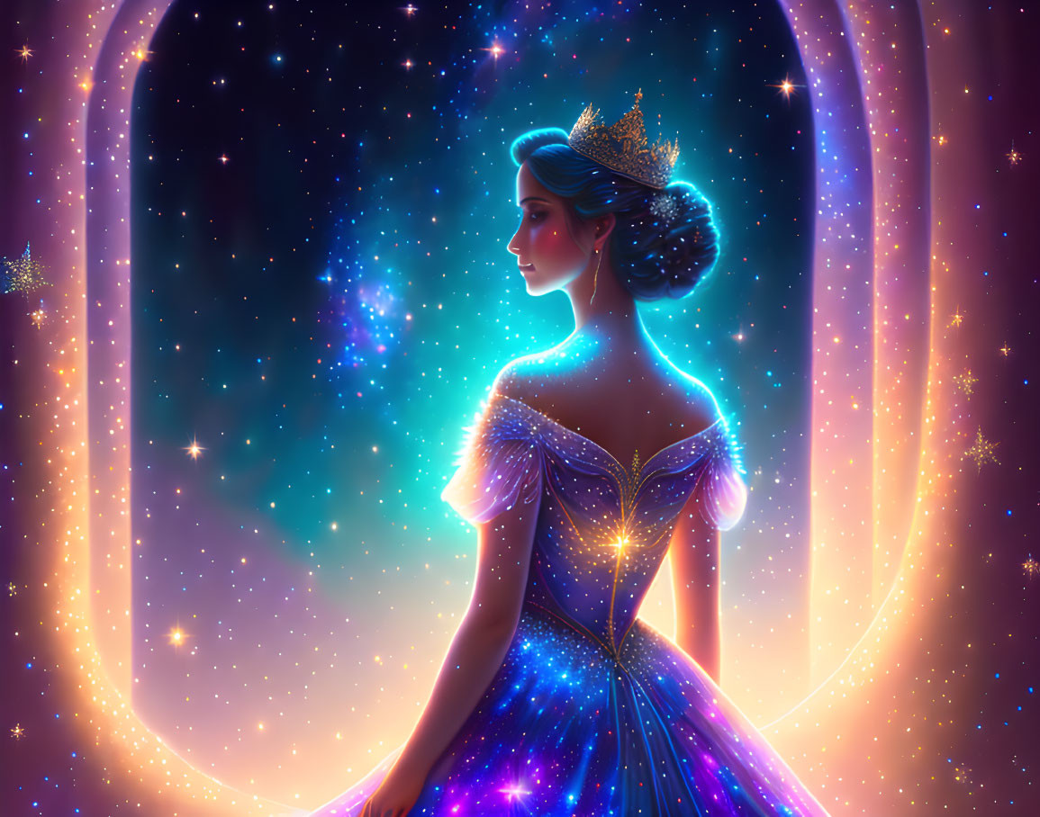 Digital artwork: Woman in galaxy gown with crown in cosmic window.
