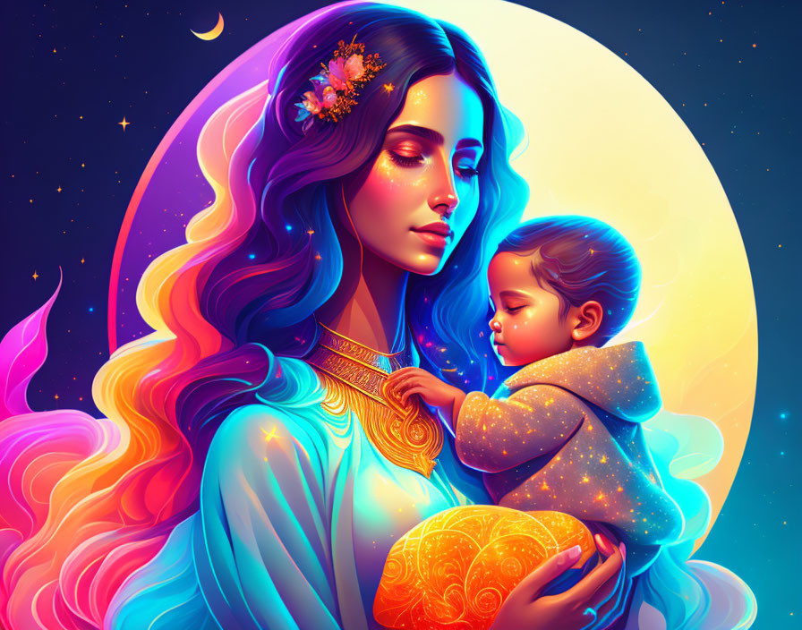 Illustration of woman with sleeping child under cosmic sky