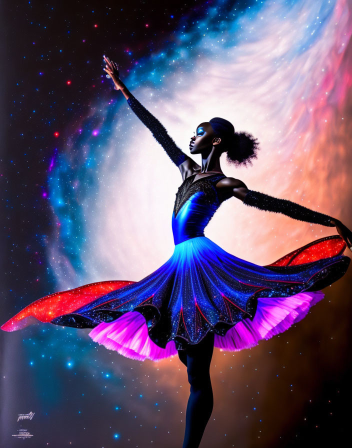 Cosmic-themed body paint dancer against vibrant galactic backdrop