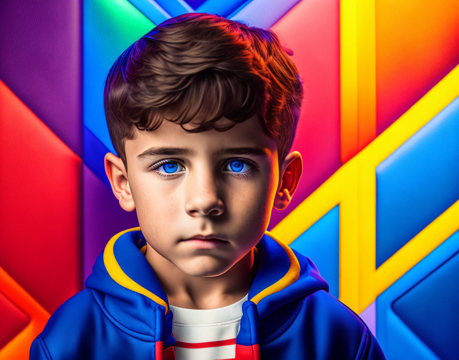Young boy with blue eyes on colorful geometric backdrop in blue hoodie.