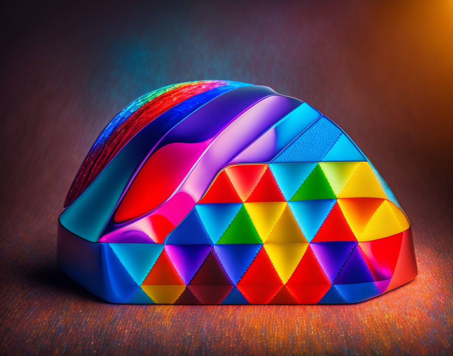 Colorful metallic taco holder with rainbow gradient and geometric pattern on textured surface