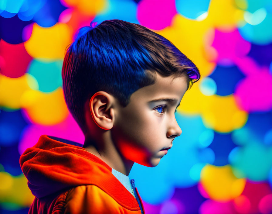 Contemplative young boy in orange hoodie against colorful bokeh.