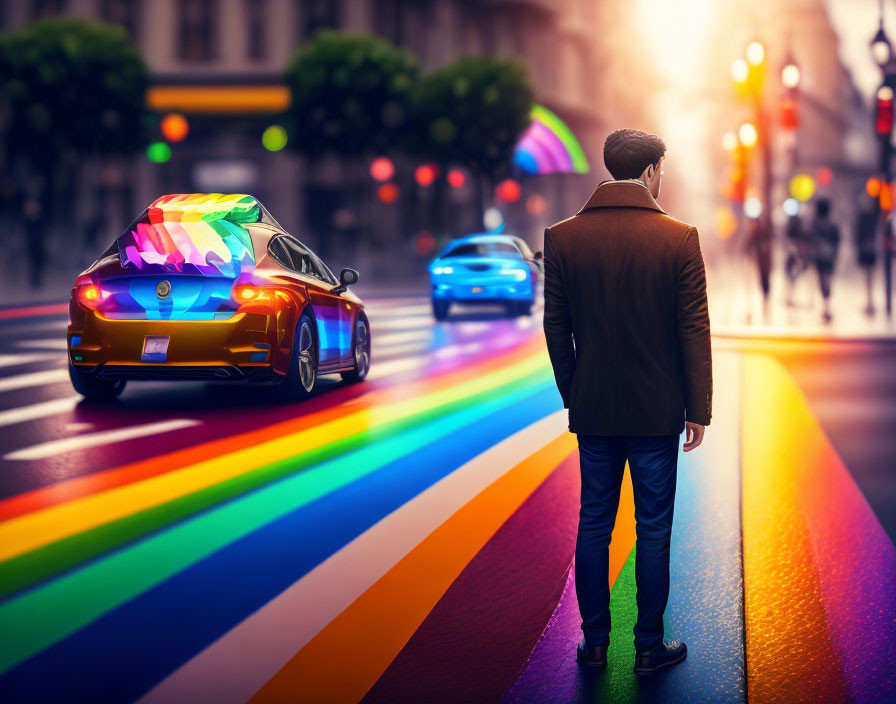Vibrant rainbow crosswalk with colorful car in city street