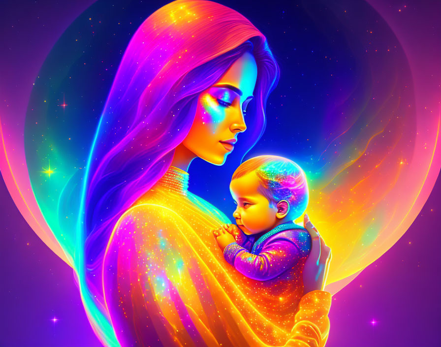 Colorful digital art: Woman with neon aura holding sleeping baby in cosmic scene
