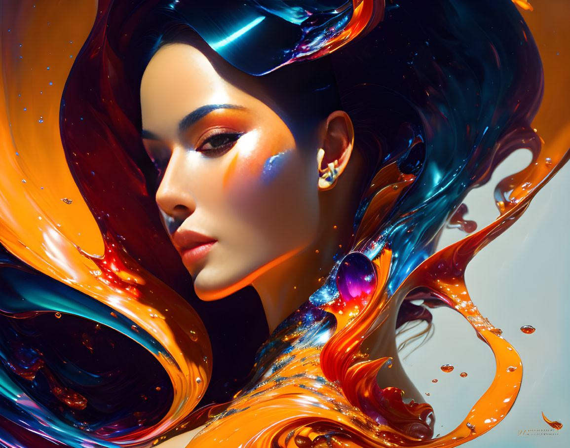 Vivid digital art: Woman's face in swirling orange, blue, and black forms