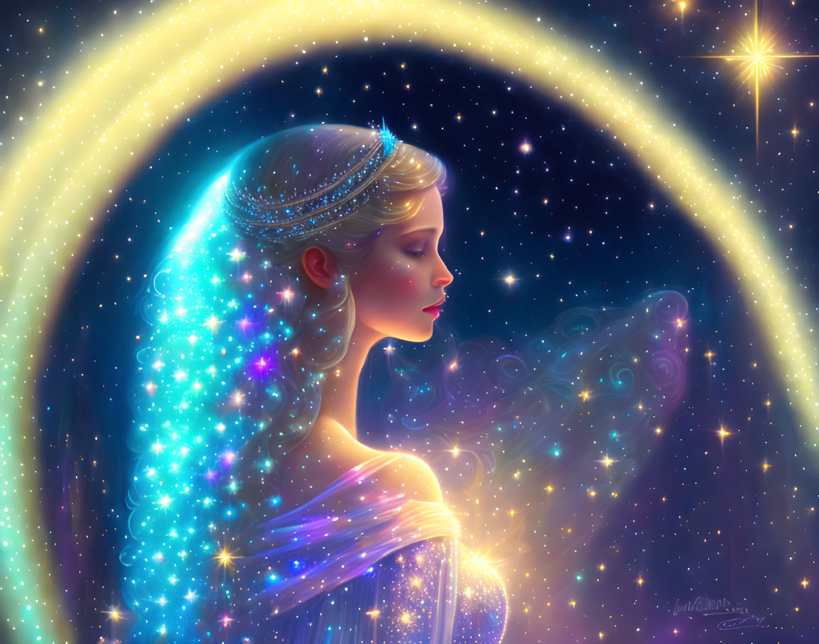 Ethereal woman with sparkling star-blended hair in cosmic setting