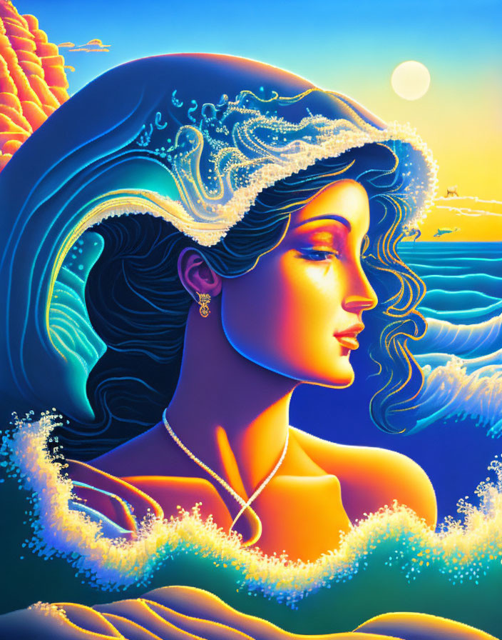 Woman with Sea Waves Hair in Sunset Sky & Full Moon