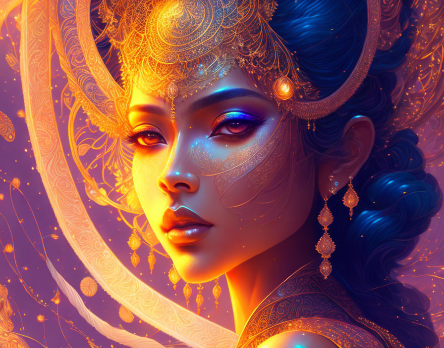 Mystical female figure with gold head jewelry and glowing blue eyes