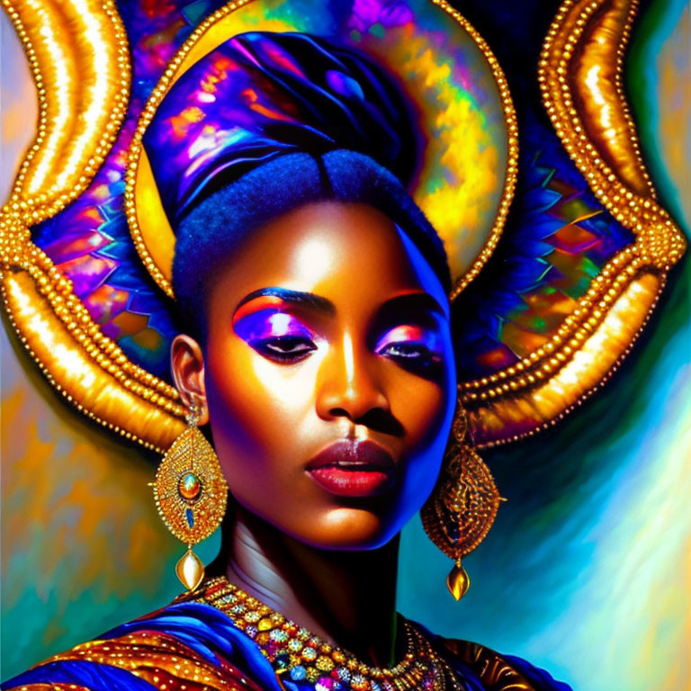 Vibrant portrait of a woman with colorful makeup and ornate earrings