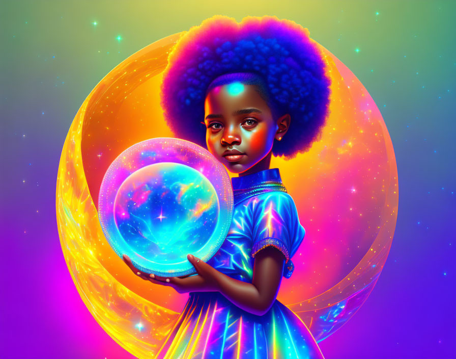 Digital artwork: Young girl with afro holding glowing orb in front of colorful nebula sphere