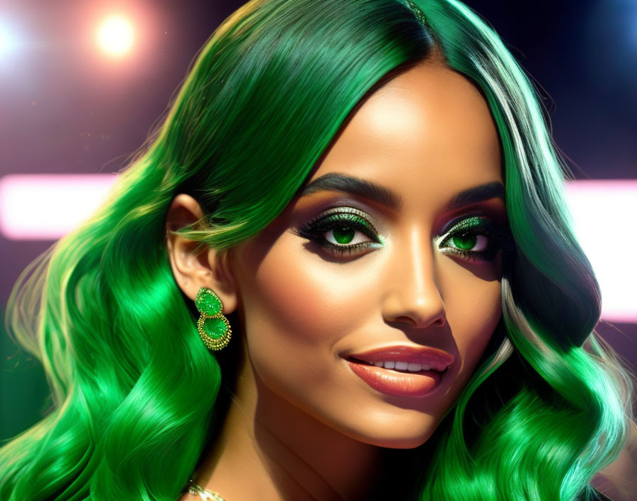 Vibrant green-haired woman with dramatic makeup and earrings on colorful bokeh background