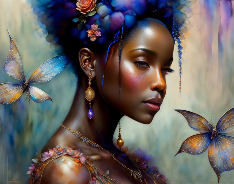Colorful portrait of woman with floral and butterfly hair adornments
