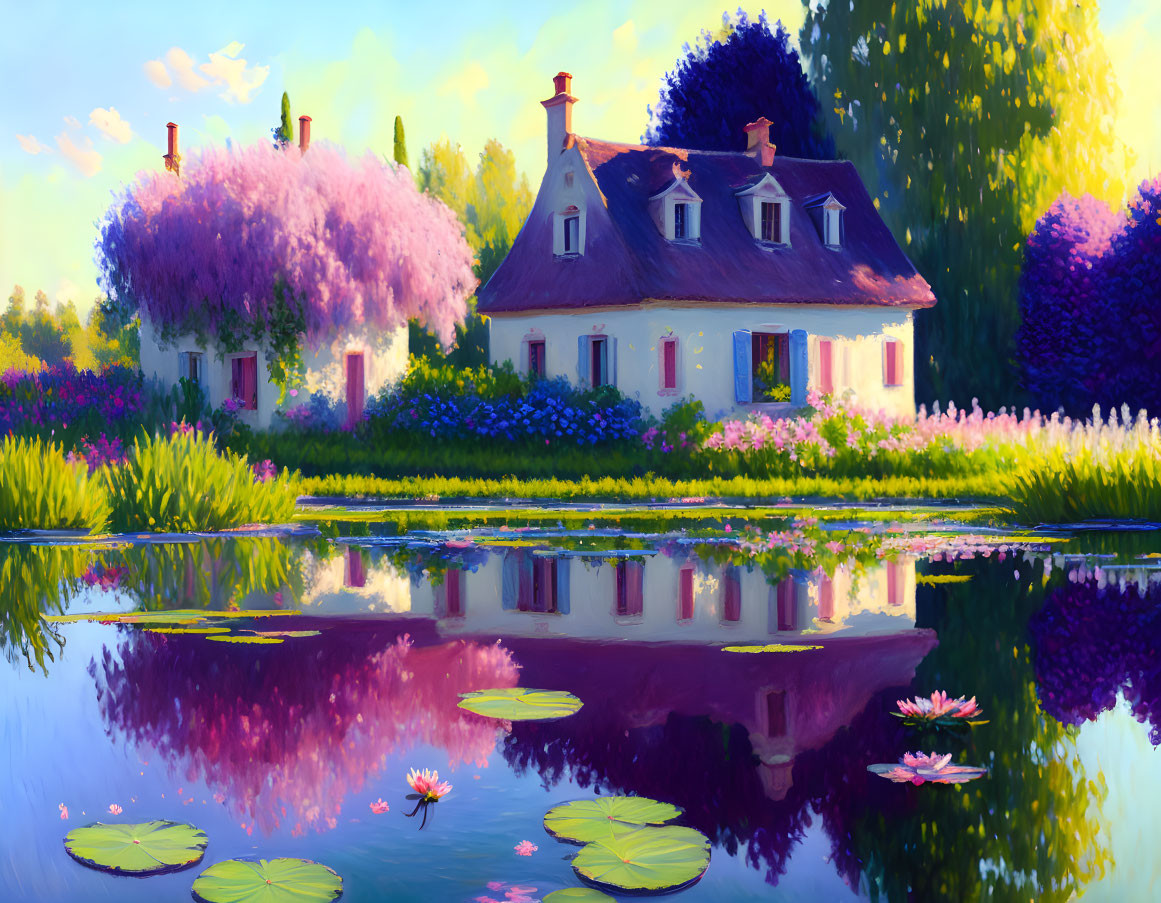 French house with a lily pond