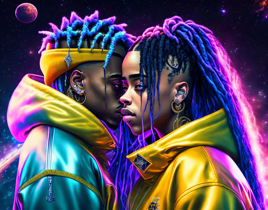 Vibrant blue dreadlocks in cosmic setting with colorful clothing