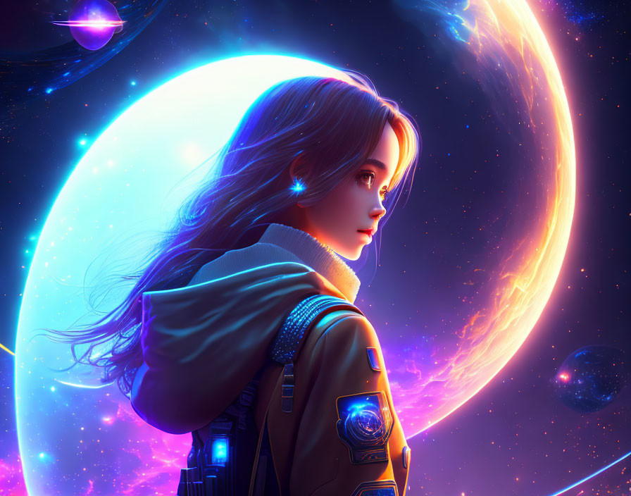 Vibrant space-themed digital artwork of young woman with long hair