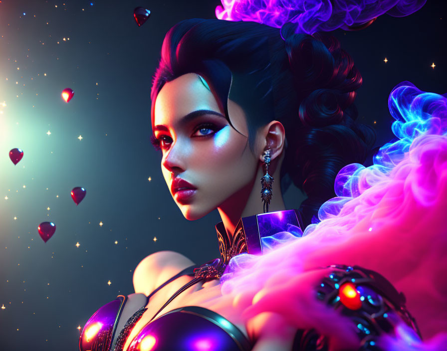 Vibrant stylized portrait of woman in futuristic attire with flowing hair.